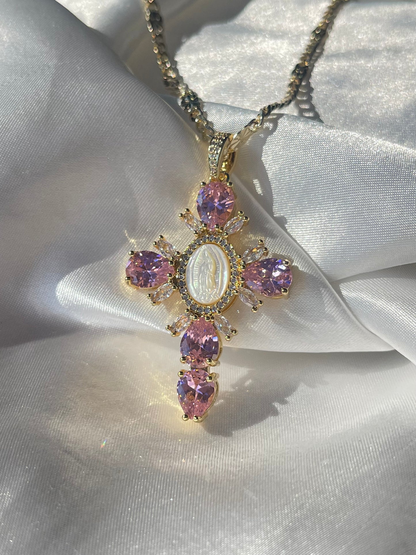 Pink Virgen Cross Necklace