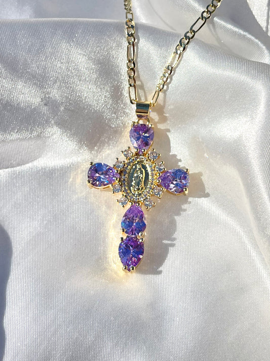 Purple Virgen Cross Necklace