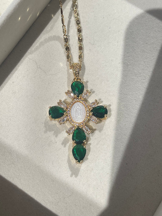 Green Virgen Cross Necklace