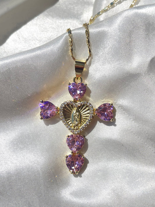 Virgen Pink Hearts Cross