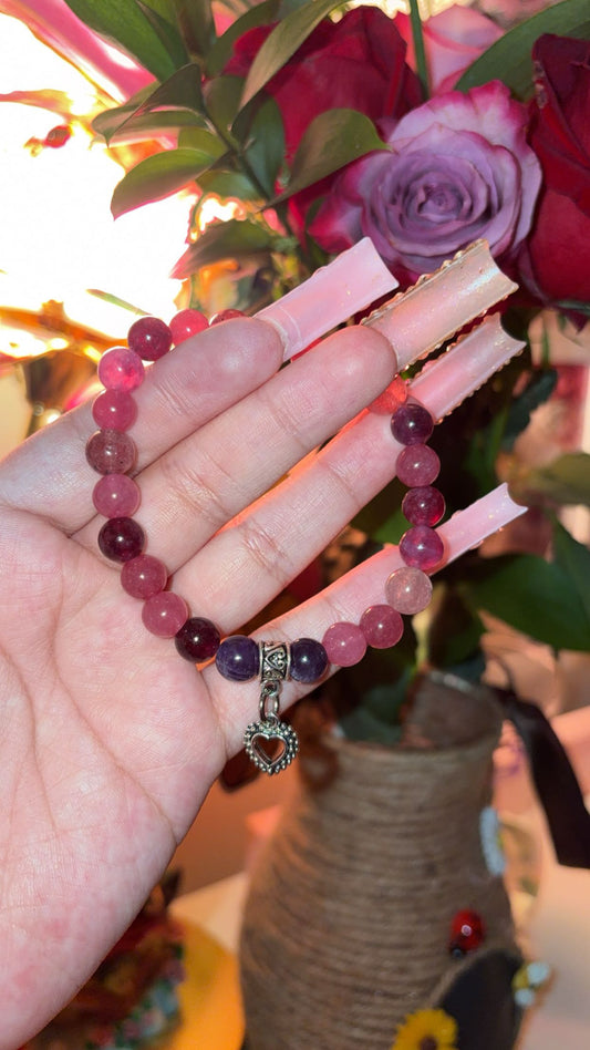 Strawberry Quartz ,Amethyst & Pink Jade Crystal Bracelet