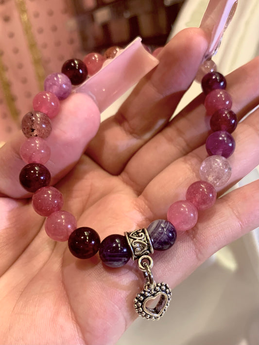 Strawberry Quartz ,Amethyst & Pink Jade Crystal Bracelet