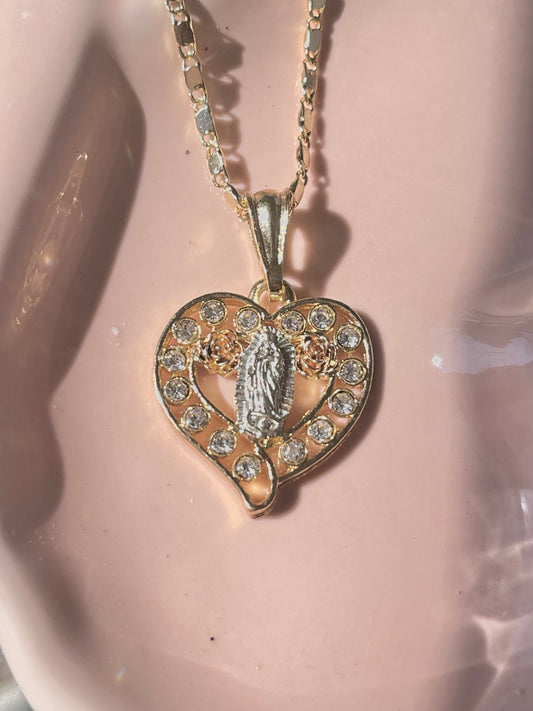 Heart Rose Virgen Necklace