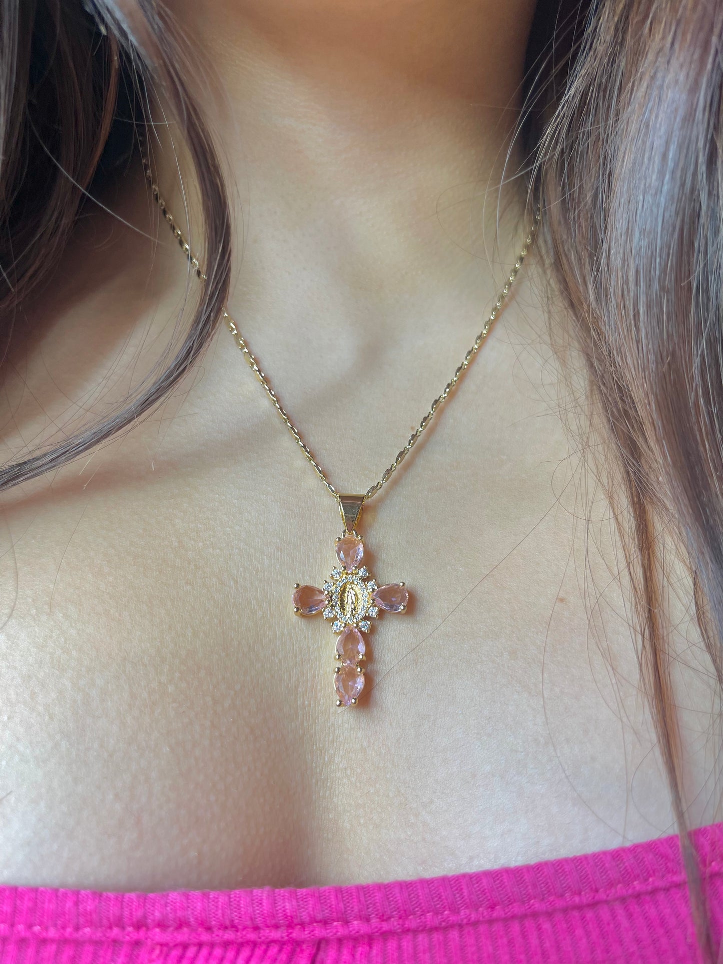 Light pink Small Virgen Cross Necklace